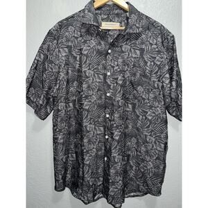 Tommy Bahama Hawaiian Shirt Mens Large Gray Palm Leaf Print Tencel Modal Beach
